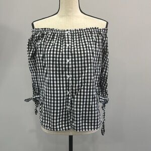Caution to the Wind Gingham Print Button Down Blouse.  SZ M